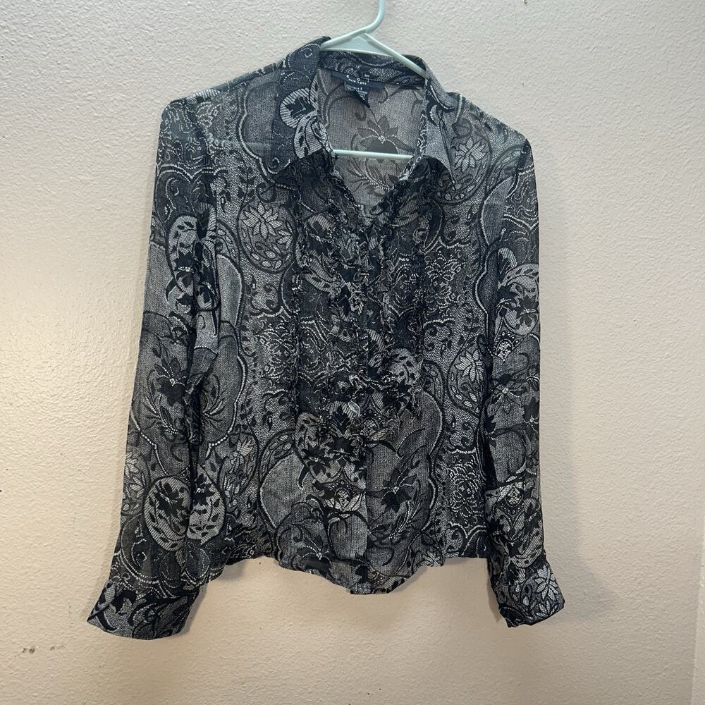 Vintage ECI New York 100% Silk Gray Floral Paisley Top Y2K 90s Sheer Snap Button